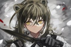 Rule 34 | 1girl, animal ears, animal hands, arknights, brown hair, commentary, cross tie, hand up, holding, holding knife, knife, long hair, ponytail, portrait, raccoon ears, robin (arknights), shirt, solo, spacelongcat, white shirt, yellow eyes