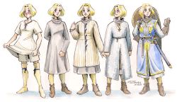 Rule 34 | 1girl, artist name, blonde hair, blush, character sheet, coat of arms, colored pencil (medium), commentary, dated, dungeons &amp; dragons, english commentary, holding clothes, holding shirt, knight, leggings, original, persimona of caradoc, shield, shirt, short hair, simple background, smile, squire, surcoat, sword, taritoons, traditional media, weapon, white background