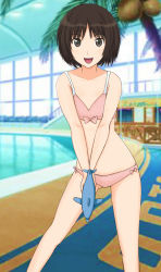 Rule 34 | 1girl, :d, amagami, bikini, blurry, blurry background, bob cut, bow, bow bikini, brown eyes, brown hair, coconut, collarbone, commentary, feet out of frame, flat chest, hair strand, highres, holding, holding water gun, indoors, looking at viewer, open mouth, palm tree, pink bikini, pink bow, pool, short hair, smile, solo, standing, swimsuit, tachibana miya, takemi kaoru, tree, two-handed, v arms, water gun, window