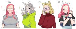 Rule 34 | 4girls, absurdres, ahoge, android, animal ears, apron, black eyes, blonde hair, blush, breasts, closed mouth, color guide, dog (ohasi), dog ears, dog girl, english text, fangs, forehead, glasses, green hoodie, grey shirt, hand on own cheek, hand on own face, heavy breathing, highres, hood, hoodie, horns, joints, long hair, long sleeves, looking at viewer, maid, maid apron, maid headdress, medium breasts, medium hair, mole, mole under mouth, multiple girls, ohasi, oni, oni (ohasi), oni horns, open mouth, original, own hands together, pink-robo (ohasi), pink (ohasi), pink hair, pointy ears, red sweater, robo-pink (ohasi), robot, robot joints, shirt, short sleeves, silver hair, simple background, single horn, sweat, sweater, t-shirt, turtleneck, turtleneck sweater, upper body, v, white background