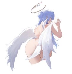 Rule 34 | 1girl, absurdres, angel wings, artist name, ass, back, bent over, blue hair, closed mouth, commentary request, convenient censoring, cropped legs, feather censor, feathered wings, from behind, green eyes, hair over shoulder, half updo, halo, hand up, head wings, highres, honkai: star rail, honkai (series), light blue hair, long hair, looking at viewer, looking back, nude, panties, panty pull, robin (honkai: star rail), simple background, solo, standing, sukaliya, thigh gap, topless, underwear, white background, white panties, white wings, wings