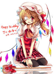 Rule 34 | 10s, 1girl, :d, ascot, black thighhighs, blonde hair, chuunibyou, chuunibyou demo koi ga shitai!, eyepatch, flandre scarlet, happy birthday, hat, hecha (01964237), mob cap, open mouth, parody, red eyes, reflection, side ponytail, sitting, smile, solo, thighhighs, touhou, wand, wings, wrist cuffs, zettai ryouiki