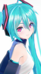 Rule 34 | 1girl, 3d, absurdres, aqua necktie, bare shoulders, bbbbit, black sleeves, blue hair, chromatic aberration, close-up, detached sleeves, hair between eyes, hair ornament, hatsune miku, highres, long hair, looking at viewer, looking back, necktie, pink eyes, ringed eyes, shirt, sleeveless, sleeveless shirt, solo, twintails, vocaloid, white background, white shirt