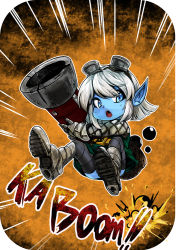 Rule 34 | 1girl, blue eyes, blue skin, bullet, cannon, colored skin, explosion, gauntlets, goggles, goggles on head, kate wong, league of legends, pointy ears, silver hair, solo, tristana, yordle