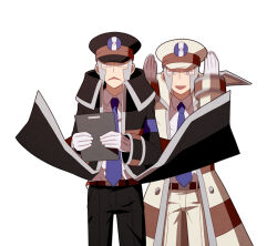 Rule 34 | 2boys, belt, belt buckle, black coat, black headwear, black pants, blue necktie, brothers, brown belt, buckle, clipboard, coat, coat lift, collared shirt, creatures (company), dress shirt, emmet (pokemon), frown, game freak, gloves, grey eyes, grey hair, hat, high collar, holding, holding clipboard, ingo (pokemon), jaho, lifting another&#039;s clothes, long sideburns, long sleeves, male focus, motion blur, multiple boys, necktie, nintendo, open clothes, open coat, open mouth, pants, peaked cap, pokemon, pokemon bw, shirt, short hair, siblings, sideburns, trench coat, white background, white coat, white gloves, white headwear, white pants, white shirt
