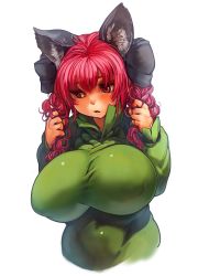 Rule 34 | 1girl, animal ears, blush, bow, braid, breasts, cat ears, hair bow, holding, holding own hair, huge breasts, impossible clothes, kaenbyou rin, looking away, perky breasts, red eyes, red hair, ribbon, sachito, short hair, simple background, solo, touhou, twin braids, twintails, white background