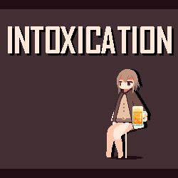 Rule 34 | 1girl, alcohol, animated, bare legs, beer, beer mug, brown background, brown hair, brown jacket, cup, drunk, english text, glitch, holding, holding cup, jacket, lowres, mug, original, pixel art, short hair, simple background, solo, sotie, spinning, stool