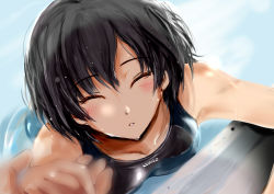 Rule 34 | 1girl, :o, amagami, black hair, black one-piece swimsuit, closed eyes, from above, holding hands, looking up, murasaki iro, nanasaki ai, one-piece swimsuit, pool, solo, solo focus, swimsuit, water, wet