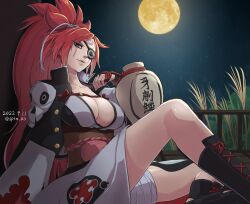 Rule 34 | 1girl, amputee, baiken, big hair, black jacket, black kimono, breasts, eyepatch, facial tattoo, full moon, guilty gear, guilty gear strive, highres, jacket, jacket on shoulders, japanese clothes, kataginu, kimono, large breasts, looking at viewer, moon, multicolored clothes, multicolored kimono, one-eyed, ponytail, red eyes, red hair, samurai, scar, scar across eye, sptn 00, tattoo, white kimono