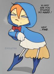 Rule 34 | 1girl, artist name, beak, bird tail, bleach, blue cloak, blue footwear, blush, bow, bowtie, cloak, crossed arms, dress, english text, fitletter, full body, furry, furry female, grey background, hood, hood up, hooded cloak, leaning to the side, no pupils, nose blush, orange hair, red bow, red bowtie, ririn, simple background, sleeves past wrists, solo, standing, stuffed animal, stuffed bird, stuffed toy, sweat, nervous sweating, tail, white dress