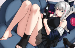 Rule 34 | 1girl, bbk (13zk), black bow, black dress, black gloves, blue eyes, bow, breasts, cellphone, commentary, commission, couch, dinergate (girls&#039; frontline), dress, earrings, english commentary, flip phone, girls&#039; frontline, gloves, grey hair, hair bow, half gloves, heterochromia, high heels, holding, holding phone, jewelry, lying, mdr (cocktail observer) (girls&#039; frontline), mdr (girls&#039; frontline), multicolored hair, official alternate costume, on couch, parted lips, phone, pillow, pink eyes, pink hair, ponytail, shoes, smile, solo, streaked hair, teeth, unworn footwear