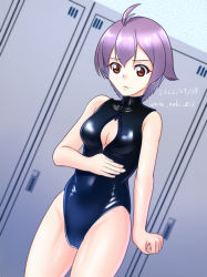 Rule 34 | 1girl, alternate breast size, antenna hair, black one-piece swimsuit, breasts, brown eyes, cleavage, cleavage cutout, clothing cutout, commentary request, cowboy shot, dutch angle, front zipper swimsuit, kantai collection, locker, medium breasts, meme attire, one-hour drawing challenge, one-piece swimsuit, purple hair, sakawa (kancolle), short hair, solo, swimsuit, wata nuki