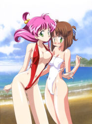 Rule 34 | 2girls, asymmetrical docking, beach, braid, breast press, breasts, brown hair, center opening, cleavage, cloud, copyright request, covered erect nipples, covered navel, day, glasses, gluteal fold, green eyes, hair bobbles, hair ornament, kimura takahiro, large breasts, multiple girls, navel, official art, one-piece swimsuit, outdoors, panic-chan, pink hair, red one-piece swimsuit, rimless eyewear, short hair, sky, slingshot swimsuit, strap pull, swimsuit, untying, water, white one-piece swimsuit