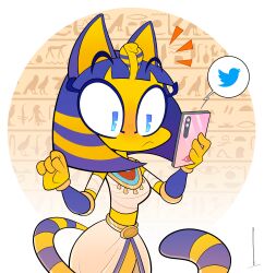 Rule 34 | 1girl, absurdres, animal crossing, ankh, ankha (animal crossing), blue eyes, blush, bob cut, body fur, cat girl, cat tail, colored skin, commentary, crop top, egyptian clothes, english commentary, furry, furry female, hair ornament, hieroglyphics, highres, madcosmos, midriff, nintendo, snake hair ornament, solo, striped tail, tail, twitter logo, uraeus, usekh collar, yellow fur, yellow skin