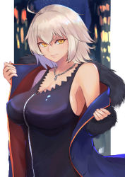 Rule 34 | 1girl, absurdres, ahoge, azibiraki yuhiro, bare shoulders, black dress, blue coat, breasts, chain, chain necklace, closed mouth, coat, commentary, dress, fate/grand order, fate (series), full-length zipper, fur-trimmed coat, fur trim, hair between eyes, highres, jeanne d&#039;arc (fate), jeanne d&#039;arc alter (fate), jeanne d&#039;arc alter (ver. shinjuku 1999) (fate), jewelry, large breasts, lips, looking at viewer, necklace, official alternate costume, pink lips, removing coat, short hair, sideboob, silver hair, sleeveless, sleeveless dress, smile, solo, wicked dragon witch ver. shinjuku 1999, yellow eyes, zipper