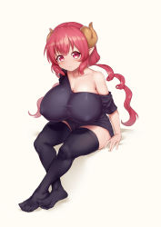 Rule 34 | 1girl, absurdres, aomoro, beige background, black shirt, black thighhighs, breasts, collarbone, covered erect nipples, dragon girl, dragon horns, frown, full body, highres, horns, huge breasts, ilulu (maidragon), kobayashi-san chi no maidragon, long hair, looking at viewer, off shoulder, pointy ears, red eyes, red hair, shirt, short sleeves, shortstack, simple background, single bare shoulder, sitting, slit pupils, solo, taut clothes, taut shirt, thighhighs, twintails, white background
