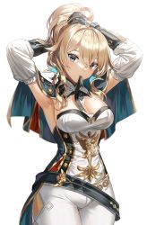 Rule 34 | 1girl, armpits, arms behind head, arms up, belt, blonde hair, blue eyes, breasts, capelet, cleavage, cowboy shot, detached sleeves, gauntlets, genshin impact, gold trim, jean (genshin impact), large breasts, long hair, looking at viewer, loose belt, mouth hold, pants, shirt, silence girl, simple background, solo, standing, strapless, strapless shirt, tying hair, white background, white pants, white shirt