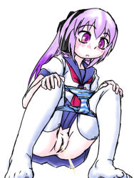 Rule 34 | 1girl, arnval, arnval mk2, blue panties, blue skirt, blush, bow, bow panties, busou shinki, hair bow, hands on own knees, klice, long hair, looking down, neckerchief, open mouth, panties, panty pull, peeing, ponytail, purple eyes, purple hair, pussy, red neckerchief, school uniform, shirt, short sleeves, skirt, smile, squatting, striped clothes, striped panties, thighhighs, uncensored, underwear, white background, white panties, white shirt, white thighhighs