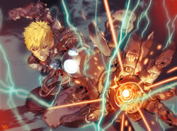 Rule 34 | 1boy, black sclera, blonde hair, character name, colored sclera, cyborg, genos, hair between eyes, looking at viewer, male focus, manly, mechanical parts, motion blur, one-punch man, prosthesis, short hair, solo, sparks, yd (orange maru), yellow eyes
