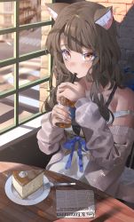 Rule 34 | 1girl, absurdres, animal ear fluff, animal ears, black hair, blush, bra strap, breasts, brown eyes, cat ears, commentary, commission, cup, day, disposable cup, dress, drinking straw, drinking straw in mouth, food, fork, grey jacket, hands up, hani haya, highres, holding, holding cup, huge filesize, indoors, jacket, long hair, long sleeves, looking at viewer, newspaper, open clothes, open jacket, original, pixiv commission, plate, solo, strap slip, table, white dress