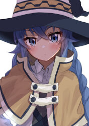 Rule 34 | 1girl, absurdres, blue eyes, blue hair, blush, braid, brown cloak, capelet, cloak, closed mouth, collar, commentary, flat chest, grey shirt, hair between eyes, hat, head tilt, highres, long bangs, long hair, looking at viewer, mushoku tensei, roxy migurdia, shirt, simple background, solo, take-run-atelier, twin braids, upper body, white background, white capelet, white collar, witch hat