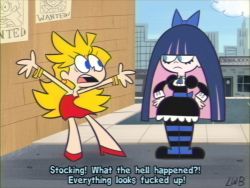 Rule 34 | 2000s (style), 2girls, arms up, black dress, blonde hair, blue eyes, blue sky, blunt bangs, bow, bracelet, cartoonized, closed mouth, cloud, colored inner hair, commentary, dress, english commentary, english text, eye contact, hair bow, hands on own hips, high heels, highres, jewelry, lolwutburger, long hair, looking at another, multicolored hair, multiple girls, open mouth, outdoors, panty &amp; stocking with garterbelt, panty (psg), profanity, red dress, road, siblings, sisters, sky, standing, stocking (psg), street, subtitled, toon (style), two-tone hair, upa (style)