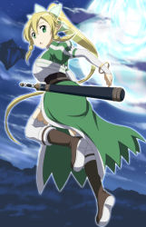 Rule 34 | 10s, 1girl, blonde hair, boots, elf, fairy wings, floating island, flying, green eyes, highres, leafa, looking at viewer, nori tamago, pointy ears, ponytail, scabbard, sheath, sky, solo, star (sky), starry sky, sword art online, thighhighs, thighs, white thighhighs, wings