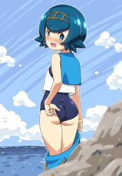 Rule 34 | 1girl, adjusting clothes, adjusting swimsuit, ass, bare arms, bare shoulders, blue hair, blue sailor collar, blush, clothes pull, cloud, creatures (company), day, embarrassed, from behind, game freak, hair ornament, kohsaka jun, lana (pokemon), legs, looking at viewer, looking back, nintendo, ocean, open mouth, pants, pants pull, peeking, pokemon, pokemon sm, rock, sailor collar, shirt, short hair, sky, sleeveless, sleeveless shirt, solo, swimsuit, swimsuit under clothes, thighs, trial captain