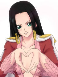 Rule 34 | 1girl, aqua eyes, black hair, boa hancock, cape, earrings, female focus, heart, highres, jacket, jewelry, long hair, looking at viewer, one piece, red jacket, simple background, solo, white background