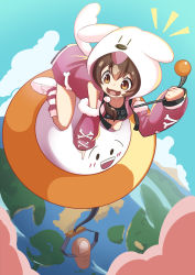 Rule 34 | 1girl, animal ears, animal hood, bob-the-bison, bone hair ornament, breasts, brown eyes, brown hair, chocolate cornet, cleavage, detached sleeves, dog ears, dog girl, dog hood, dog tail, fang, food, from side, hair ornament, highres, hololive, hood, hoodie, inugami korone, inugami korone (loungewear), looking at viewer, medium breasts, official alternate costume, open mouth, paw pose, pink hoodie, sky, sleeveless, sleeveless hoodie, solo, tail, upper body, v-shaped eyebrows, virtual youtuber, yellow background