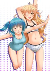 Rule 34 | 2girls, :d, ;d, aqua hair, armpits, arms up, bad id, bad pixiv id, barefoot, bikini, blonde hair, blue hair, blush, bracelet, braid, breasts, chiro, cleavage, closed eyes, collarbone, fang, hair bobbles, hair ornament, jewelry, kawashiro nitori, kirisame marisa, large breasts, leaning forward, long hair, multiple girls, navel, one-piece swimsuit, one eye closed, open mouth, revision, short hair, single braid, smile, stretching, striped bikini, striped clothes, swimsuit, touhou, twintails, two side up, yellow eyes