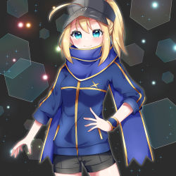 Rule 34 | 1girl, ahoge, artoria pendragon (fate), baseball cap, black hat, black shorts, blonde hair, blue eyes, blue jacket, blue scarf, blush, breasts, closed mouth, commentary request, fate/grand order, fate (series), hair between eyes, hair through headwear, hand on own hip, hat, jacket, long sleeves, looking at viewer, misaki (misaki86), mysterious heroine x (fate), ponytail, scarf, short shorts, shorts, small breasts, smile, solo, track jacket