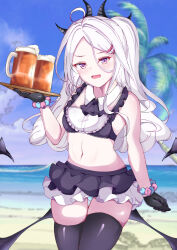 Rule 34 | 1girl, ahoge, alcohol, alternate costume, ascot, beach, beer, beer mug, black gloves, blue archive, blue sky, blurry, commentary request, cup, depth of field, detached collar, frilled skirt, frills, gloves, hair ornament, hairclip, halo, highres, hina (blue archive), holding, holding tray, horizon, long hair, looking at viewer, mug, navel, ocean, ponytail, purple eyes, scrunchie, sidelocks, skirt, sky, sleeveless, solo, stomach, sumikoto, tray, waitress, white hair, wrist scrunchie
