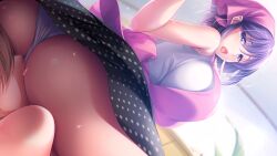 Rule 34 | 1girl, apron, ass, blush, breasts, bunny&#039;s mama daikou service, choco chip, clothing aside, cunnilingus, eyebrows hidden by hair, from below, game cg, hands up, headband, huge breasts, indoors, kido tsumugi, legs, lying, matching hair/eyes, open mouth, oral, original, panties, panties aside, purple eyes, purple hair, short hair, sitting, sitting on face, sitting on person, skirt, thighs, underwear, upskirt