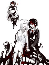 Rule 34 | 1boy, 1girl, absurdres, angelica (project moon), beeeeeebird, black coat, black eyes, black hair, black necktie, blood, blood on clothes, brooch, closed eyes, coat, collared shirt, e.g.o (project moon), gem, highres, husband and wife, jacket, jewelry, library of ruina, long hair, long sleeves, mountain of smiling bodies, multiple views, necktie, open mouth, pants, project moon, red gemstone, roland (project moon), shirt, smile, stab, very long hair, white hair, white jacket, white pants, white shirt