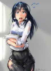 Rule 34 | 10s, 1girl, alternate costume, asashio (kancolle), black hair, black thighhighs, blue eyes, breasts, breath, kantai collection, long hair, long sleeves, lowres, office lady, open mouth, paper, shirt, skirt, solo, thighhighs, uno ryoku, white shirt