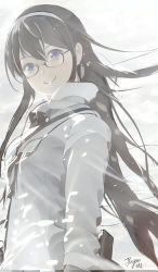 Rule 34 | 1girl, absurdres, alternate costume, black hair, blue eyes, coat, hairband, head tilt, highres, kantai collection, long hair, looking at viewer, ooyodo (kancolle), signature, smile, snow, solo, upper body, white coat, white hairband, yuugo (atmosphere)