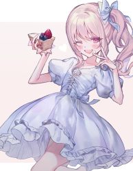 Rule 34 | 1other, ;d, akiyama mizuki, ambiguous gender, blueberry, blush, bow, collarbone, colored eyelashes, contrapposto, cowboy shot, dress, drill hair, eyelashes, food, food on face, food wrapper, frilled dress, frills, fruit, grapes, hair ribbon, hand on own cheek, hand on own face, hand up, heart, highres, holding, holding food, one eye closed, open mouth, pie, pie slice, pink background, pink eyes, pink hair, project sekai, puffy short sleeves, puffy sleeves, ribbon, sha (nz2), short dress, short sleeves, side drill, sidelocks, sideways glance, simple background, skinny, smile, strawberry, teeth, two-tone background, upper teeth only, waist bow, wavy hair, white background, white bow, white dress, white ribbon