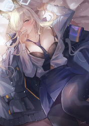 Rule 34 | 1girl, animal ear fluff, animal ears, blonde hair, blue archive, blue eyes, blue shirt, blush, breasts, collarbone, collared shirt, extra ears, hair over one eye, halo, jacket, kanna (blue archive), large breasts, long hair, long sleeves, looking at viewer, lying, necktie, on back, pantyhose, partially unbuttoned, sea nami, shirt, signature, skirt, solo
