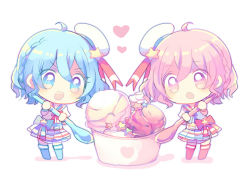 Rule 34 | 1boy, 1girl, :d, :o, ahoge, blue bow, blue eyes, blue footwear, blue hair, bow, braid, brother and sister, chibi, crossdressing, dorothy west, food, hat, hat ornament, hat ribbon, heart, holding, holding spoon, ice cream, mini person, minigirl, open mouth, pink bow, pink eyes, pink hair, pretty series, pripara, red ribbon, reona west, ribbon, sailor hat, short hair, siblings, side braid, skirt, smile, spoon, standing, star (symbol), star hat ornament, striped clothes, striped skirt, trap, twins, v-shaped eyebrows, yukiichigo
