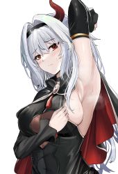 Rule 34 | 1girl, absurdres, armpits, black dress, blush, breasts, cape, close-up, closed mouth, dress, guardian tales, hairband, half vampire priscilla, highres, horns, long hair, looking at viewer, medium breasts, presenting armpit, red eyes, silver hair, single horn, solo, steam, sweatdrop, upper body, white background, will2012tw