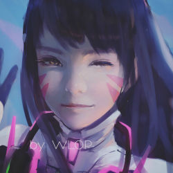 Rule 34 | 1girl, ;), artist name, d.va (overwatch), facial mark, female focus, gradient background, one eye closed, overwatch, overwatch 1, portrait, realistic, smile, solo, whisker markings, wlop
