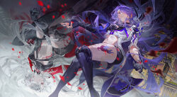 2girls acheron_(honkai:_star_rail) asymmetrical_footwear black_choker black_gloves black_shorts body_markings boots breasts chain choker cleavage coat coattails detached_sleeves falling_petals felicia_chen gloves hair_over_one_eye highres honkai:_star_rail honkai_(series) leg_tattoo long_hair midriff multiple_girls navel petals purple_eyes purple_hair red_eyes red_petals short_shorts shorts single_bare_shoulder stomach tattoo thigh_boots thighs white_coat white_hair