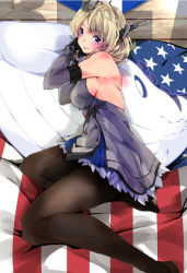 Rule 34 | 1girl, american flag, bed, black gloves, black pantyhose, blonde hair, blue eyes, blue necktie, braid, breasts, colorado (kancolle), commentary request, dress, elbow gloves, garrison cap, gloves, grey dress, hat, headgear, kagino, kantai collection, large breasts, looking at viewer, lying, necktie, on side, pantyhose, pleated dress, short hair, side braids, sideboob, sleeveless, smile, solo, stuffed toy, stuffed whale, whale