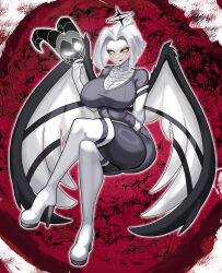 Rule 34 | 1girl, absurdres, angel, angel wings, animification, asymmetrical eyes, black halo, breasts, colored skin, crossed legs, elbow gloves, gloves, glowing, glowing eyes, glowing halo, grey hair, grey wings, halo, hazbin hotel, highres, horned mask, horns, large breasts, looking at viewer, lute (hazbin hotel), mask, nez-box, short hair, smile, solo, thighhighs, two-tone wings, white hair, white skin, wings, yellow eyes