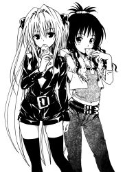 Rule 34 | 00s, 2girls, belt, blush, bra, bracelet, breasts, buttons, camisole, casual, comic, cropped jacket, cross, cross necklace, denim, detexted, eating, fish, flat chest, food, fur trim, goth fashion, greyscale, hair between eyes, hair bobbles, hair intakes, hair ornament, high collar, holding, jacket, jeans, jewelry, konjiki no yami, leather, lingerie, long hair, long sleeves, looking at viewer, midriff, monochrome, multiple belts, multiple girls, navel, necklace, non-web source, official art, open clothes, open jacket, open shirt, pants, pendant, ponytail, scan, shiny clothes, shirt, short shorts, shorts, sidelocks, simple background, small breasts, standing, studded belt, taiyaki, thighhighs, third-party edit, to love-ru, topknot, two side up, underwear, very long hair, wagashi, wavy hair, yabuki kentarou, yuuki mikan, zettai ryouiki
