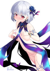 Rule 34 | 1girl, aoi masami, bare shoulders, blush, body markings, bracelet, breasts, closed mouth, earrings, fate/grand order, fate (series), flower, hair flower, hair ornament, hair ribbon, jewelry, kama (fate), kama (swimsuit avenger) (fate), kama (swimsuit avenger) (first ascension) (fate), kama (swimsuit avenger) (third ascension) (fate), looking at viewer, lotus, nail polish, navel, pout, puffy cheeks, red eyes, revealing clothes, ribbon, short hair, silver hair, small breasts, solo, star (symbol), star earrings, tearing up, thighs