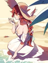 Rule 34 | 1girl, beach, blush, braid, braided ponytail, breasts, collarbone, commentary request, detached sleeves, diluc (genshin impact), dress, genderswap, genderswap (mtf), genshin impact, hair between eyes, harochan, hat, hat ribbon, highres, holding, holding shell, large breasts, long hair, open mouth, ponytail, red eyes, red hair, ribbon, shell, starfish, straw hat, water, white dress