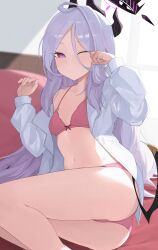 Rule 34 | 1girl, :/, absurdres, bed sheet, black horns, blue archive, blurry, blurry background, blush, bra, breasts, closed mouth, demon girl, demon horns, demon wings, dress shirt, grey hair, half-closed eye, halo, hands up, highres, hina (blue archive), horns, indoors, light blush, long hair, long sleeves, looking at viewer, low wings, multiple horns, navel, one eye closed, open clothes, open shirt, panties, pink bra, pink panties, purple eyes, ribbon bra, rubbing eyes, shirt, sitting, small breasts, solo, sunlight, thighs, underwear, very long hair, waking up, weimiaw, white shirt, wings, yokozuwari