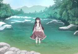 Rule 34 | 1girl, :d, black hair, forest, hands on own chest, hime cut, houraisan kaguya, japanese clothes, kimono, lake, long hair, mountain, nature, nurupo (abooon), open mouth, red eyes, skirt, skirt hold, smile, solo, standing, stream, touhou, very long hair, wading, water, wide sleeves